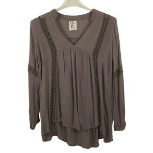 Haute Project S Gray BoHo Peasant Blouse Crochet Detail Long Sleeve VNeck Flowy